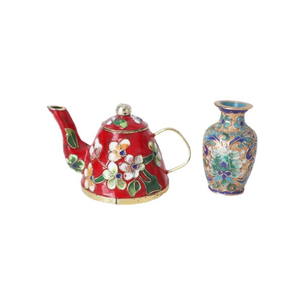 2 Vintage Miniature Cloisonne Teapot & Vase Enamel Paint - Picture 1 of 7